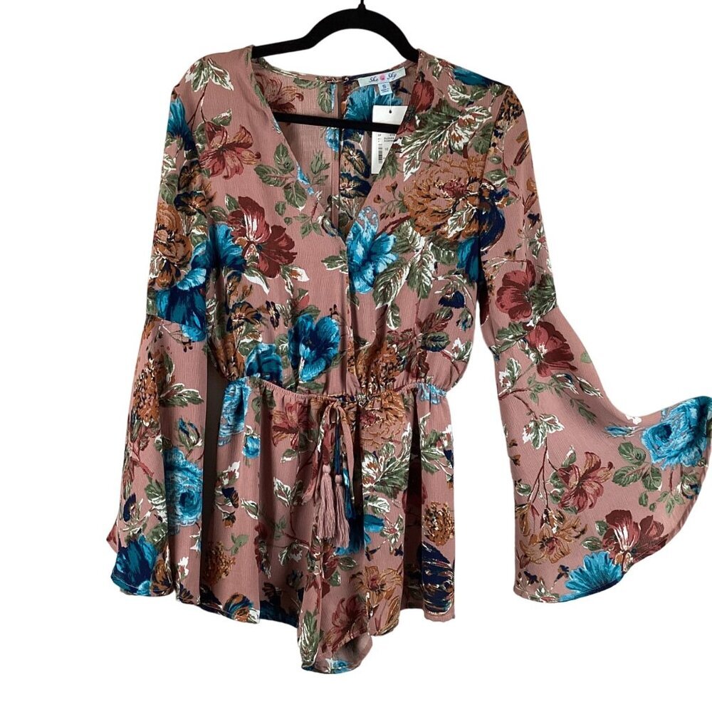 She + Sky NWT‎ Floral Bell Sleeve Romper Size Small Pink & Blue